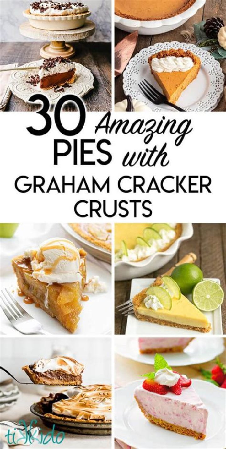 Graham cracker crust collage: graham cracker crumbs and melted butter in a bowl and crust in a white pie dish.