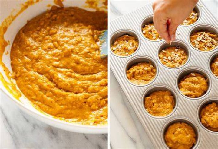 Pumpkin muffin batter in a white bowl